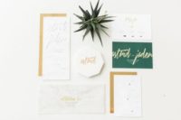05 modern white, emerald and gold stationery with geometric touches and calligraphy