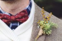 06 a creamy sweater, a blue buffalo check shirt, a red bow tie and a tweed blazer