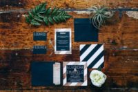 06 navy, white and copper industrial wedding stationery with stripes