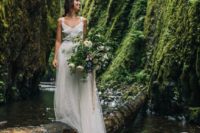 07 a boho lace A-line wedding dress with straps, a flowy skirt is very comfy for eloping to the woods