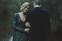 07 an emerald sequin wedding dress with long sleeves and a V-neckline for a holiday wedding