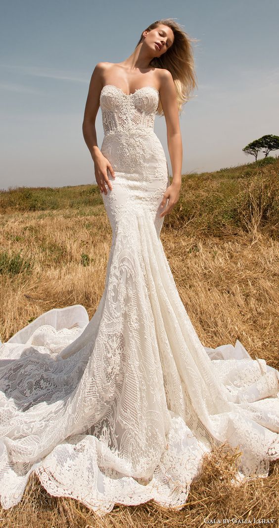strapless boho lace mermaid wedding dress with a train looks very chic and sexy