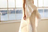 09 a strapless textural sheath wedding gown by Marchesa with a peplum overskirt