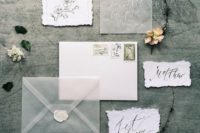 a matte acryl and calligraphy wedding invitation and a matching suite with raw edge paper cards