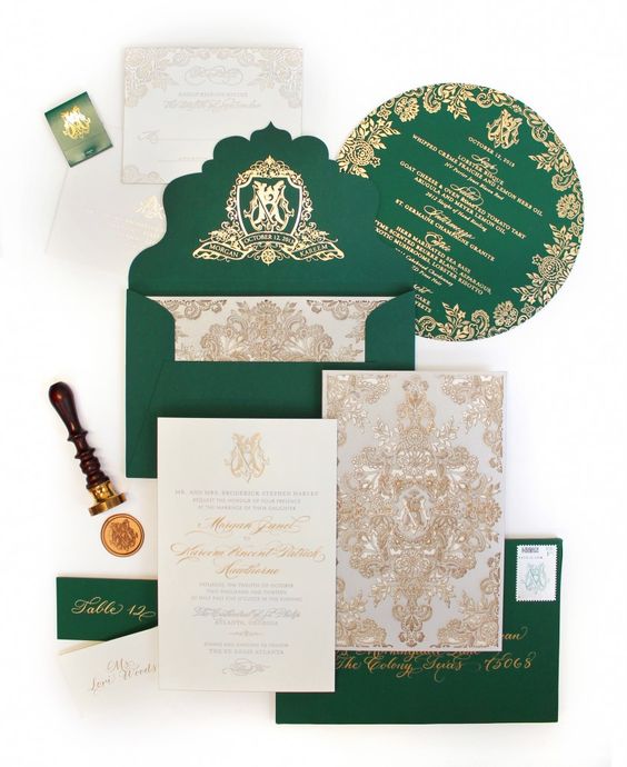 exquisite emerald and gold wedding invitation suite with patterns and beautifully cut edges