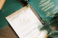 11 emerald and gold glitter wedding stationery with calligraphy looks chic