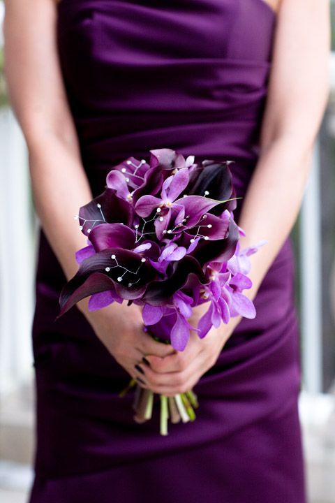 violet and dark purple wedding bouquet with beads that sparkles