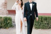 13 a modern sparkly wedding dress with long sleeves, a deep V-neckline and a thigh high slit