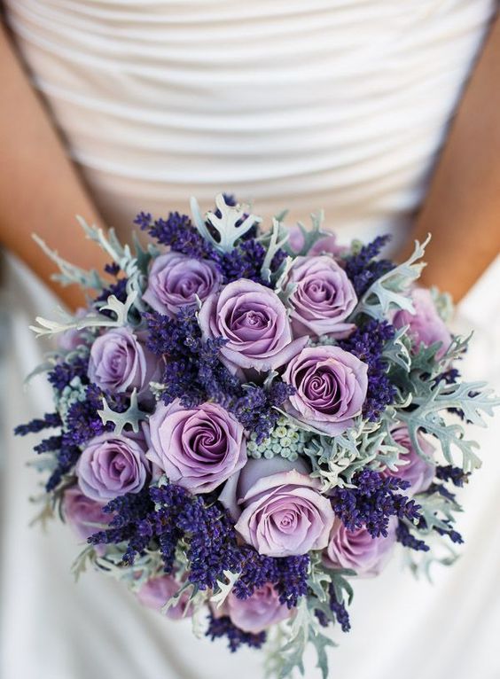 violet lavender, lilac roses and pale miller for an eye catchy bouquet