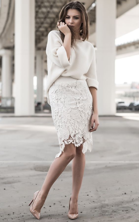 a lace pencil knee skirt with a creamy chunky knit slouchy sweater for a city hall ceremony