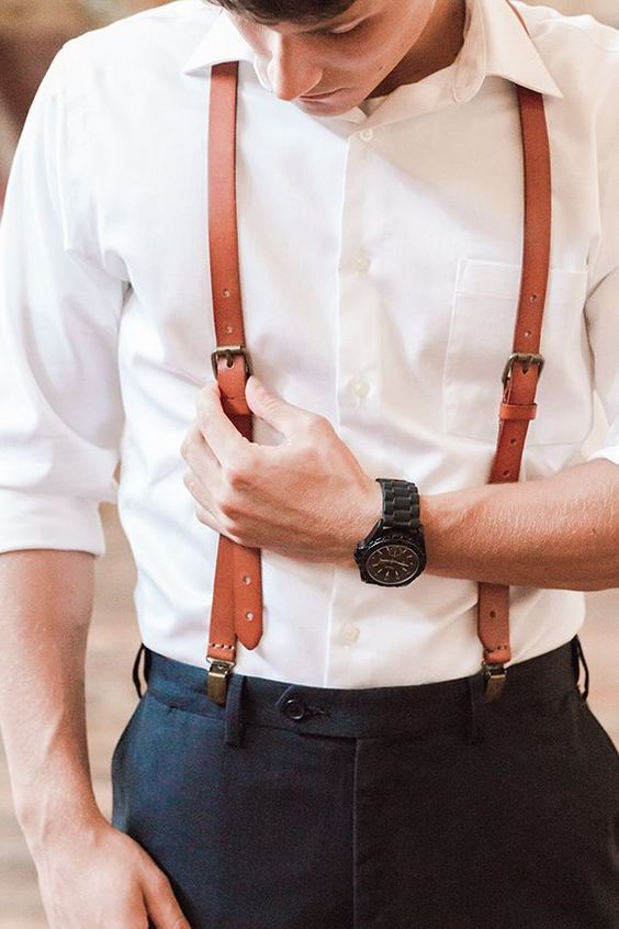 brown leather suspenders for a vintage groom's look