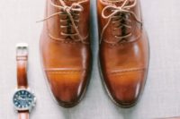 15 brown leather groom’s accessories – a watch, a belt and shoes for a stylish look