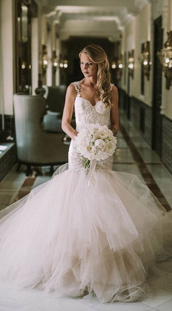 lace straps sweetheart neckline mermaid wedding dress with a large tulle tail