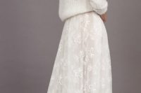 17 a chunky knit white sweater, a white lace maxi skirt, a messy hairstyle and statement earrings for an effortlessly chic look