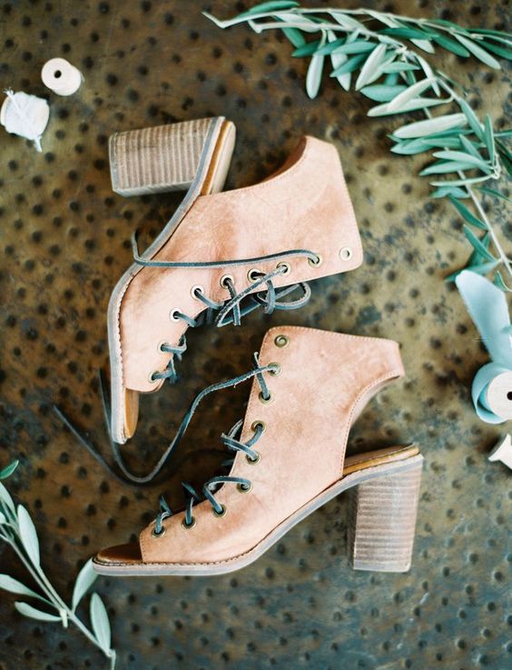 tanned leather peep toe booties with lacing up for a boho bride