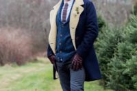 20 a navy shearling coat with white faux fur, a navy cardigan, a printed tie and a white shirt for a cold weather wedding