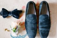 22 a blue grey velvet bow tie and matching loafers for a trendy groom look