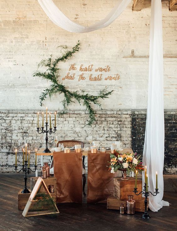 brown leather table runners look amazing in an industrial venue