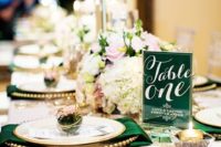 24 tablescape with an emerald number, emerald napkins and a gold chevron table runner