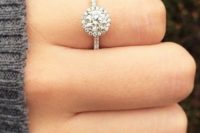 25 a white gold round diamond engagement ring with a halo is a cute idea