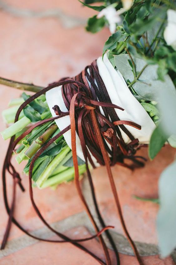 brown leather cord for wraaping a wedding bouquet will add a textural touch
