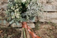 30 wrap your greenery bouquet with a brown leather ribbon to make it more interesting