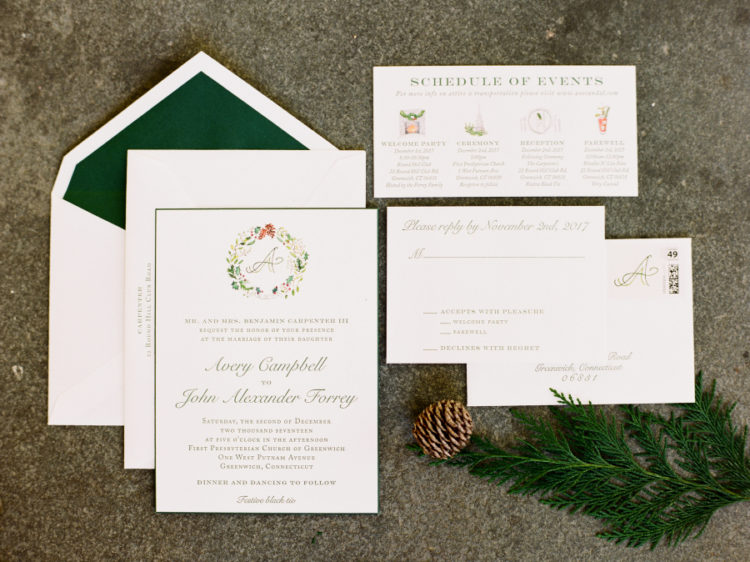 The wedding invitation suite was done in green and red