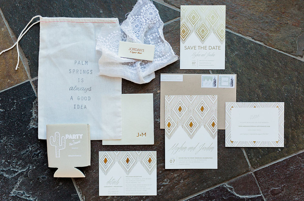 The wedding invitation suite was done in neutrals with a diamond print