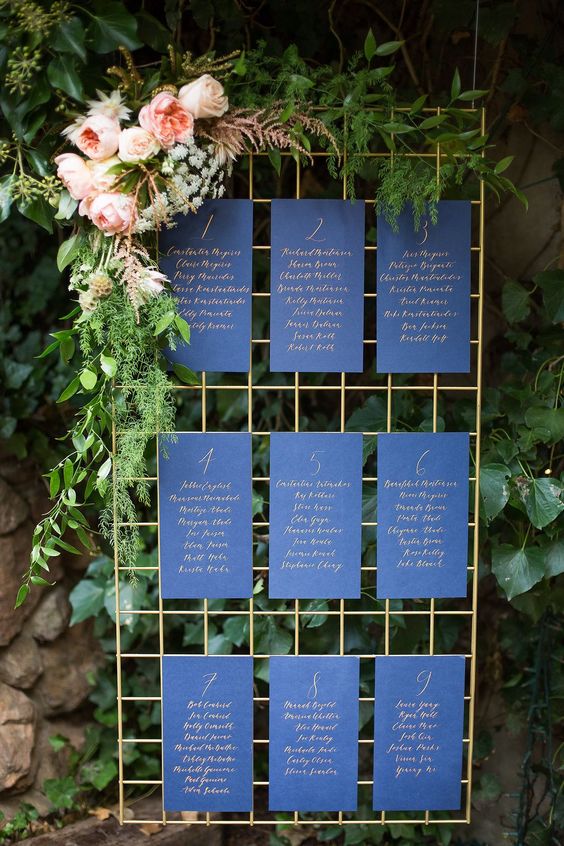 a navy seating chart with gold calligraphy and lush blooms