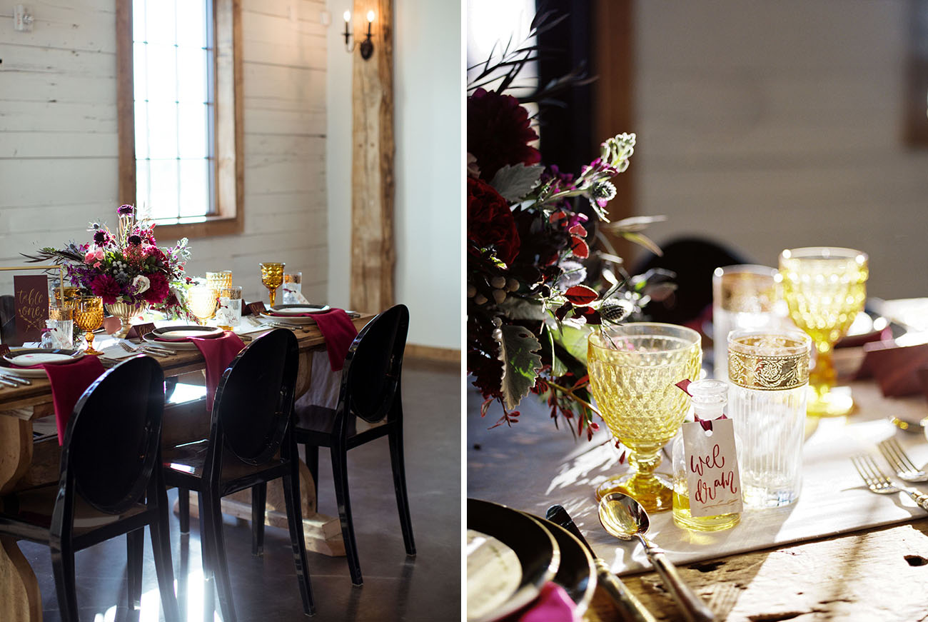 The wedding tablescape was done in plum, burgundy and gold shades, and I love amazing modern chairs