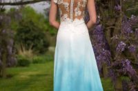 04 a chic illusion back lace applique wedding dress with cap sleeves and an ombre blue skirt