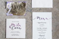 05 amethyst and gold leaf wedding invitation suite with calligraphy
