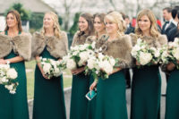 07 The bridesmaids were wearing mismatched emerald gowns and covered up with faux fur stoles