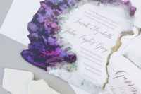 07 amethyst-inspired wedding invitation suite with a raw edge and amethyst prints plus gold leaf