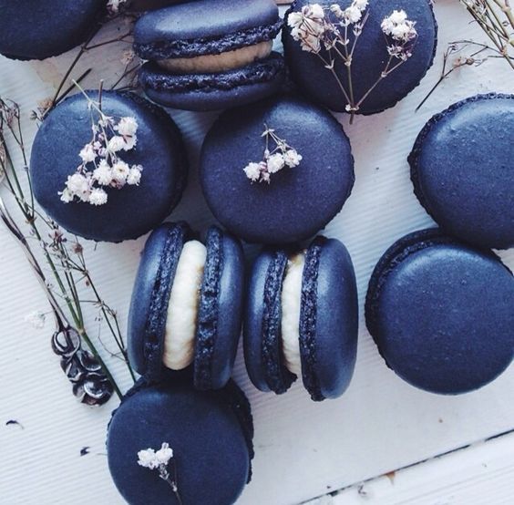 navy macarons with cream for a dessert table
