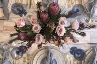 08 an elegant tablescape in greys and with gold touches plus a lush floral centerpiece with blush roses and proteas