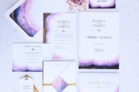 08 elegant amethyst-inspired wedding stationery set with gold touches and ribbons