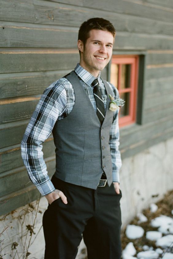 black pants, a checked shirt, a striped tie, a grey vest for a winter groom's outfit