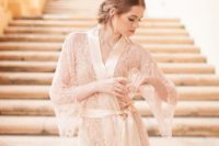11 a sheer off-white lace short bridal robe with bell sleeves and a silk ribbon edge plus the same sash