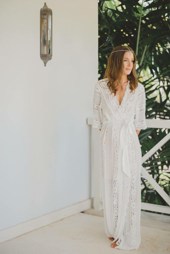 a boho lace long bridal robe with half sleeves and sashes is a great idea if your wedding is a free-spirited one