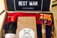 16 a box with a hangover kit, a cigar, a bottle of alcohol, a football fan scarf for a best man proposal