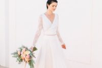 16 a bridal separate with a V-neckline lace sleeve top and an ombre peach coral skirt
