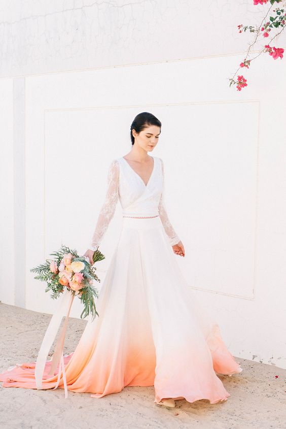 a bridal separate with a V-neckline lace sleeve top and an ombre peach coral skirt