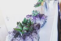 16 plant succulents into amethysts and use them for decor and centerpieces to create a wow effect