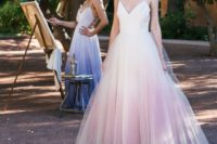 17 spaghetti strap V-neckline ballgown wedding dress with a pink ombre skirt