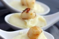 19 sea scallops with cream of parsnip and truffle oil appetizer spoons are an elegant and delicious thing