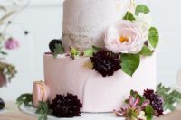 21 a blush wedding cake with blush macarons, a bloom and some deerp purple flowers
