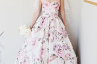21 a strapless sweetheart neckline wedding dress with pink floral prints for a cool bridal look