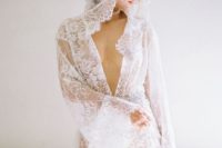 22 a long Chantilly lace bridal robe with long bell sleeves and a hood looks creative and sexy