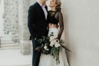 22 a trendy bridal separate with a black lace sheer crop top and an A-line ombre grey skirt